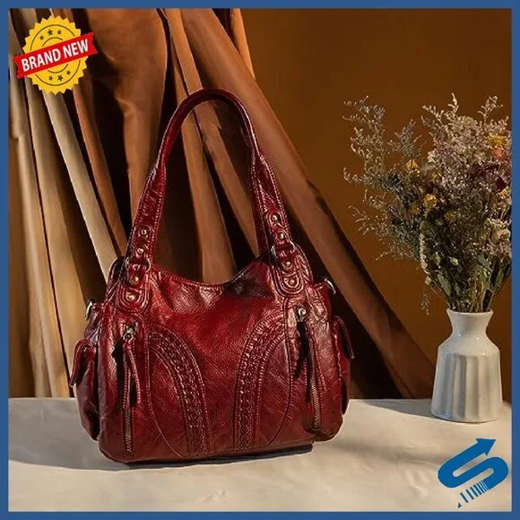 Large Soft Leather Hobo Bag with Crossbody Strap, Multiple Pockets